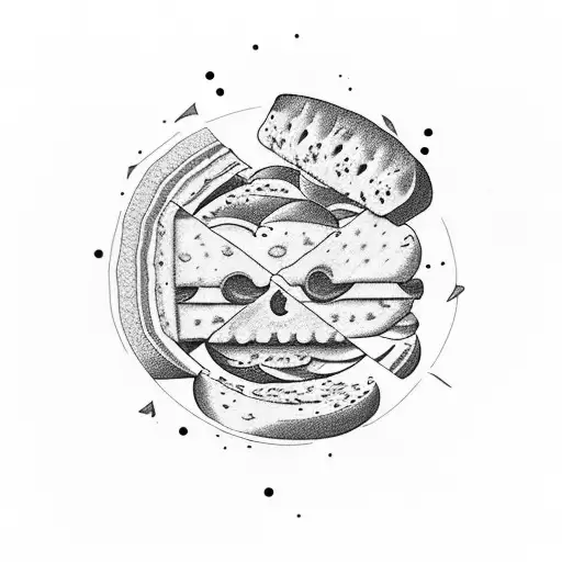 one piece of bread with spread and hovering above in layers: slices of cheese, pickles and beetroots  tattoo design idea