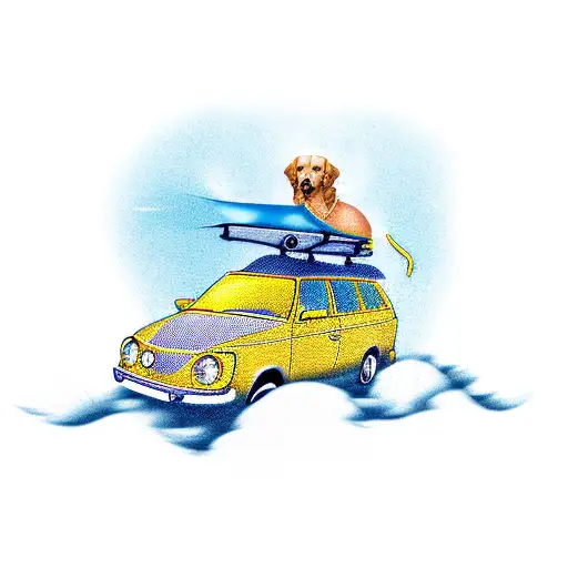  a tattoo of a golden retriever sitting gracefully on the roof of a blue VW Polo car, with the car surrounded by flow tattoo design idea