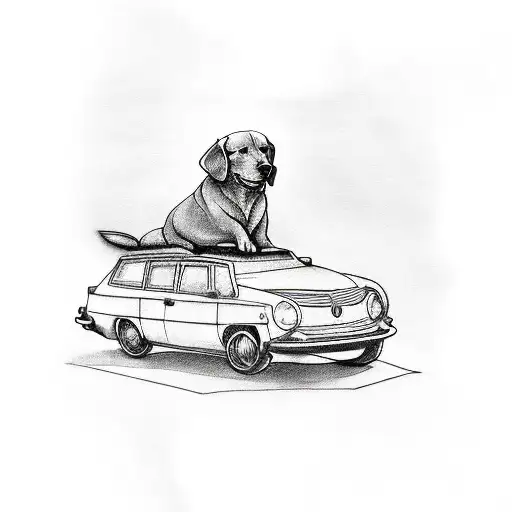  a tattoo of a golden retriever sitting gracefully on the roof of a vintage VW Polo car, with the car surrounded by a be tattoo design idea