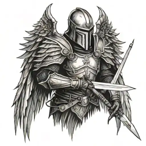 dark medival knight with worn angel wings and sword  tattoo design idea
