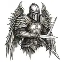 dark medival knight with worn angel wings and sword  tattoo design idea