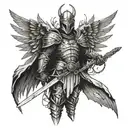 dark medival knight with worn angel wings and sword  tattoo design idea