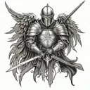 dark medival knight with worn angel wings and sword  tattoo design idea