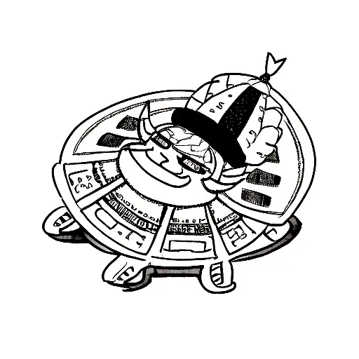 A dotwork scorpion surrounded by Aztec symbols and a taxi driver's hat on top tattoo design idea