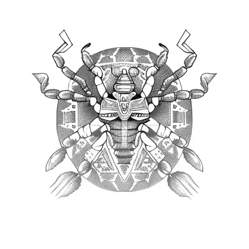 A dotwork scorpion surrounded by Aztec symbols and a taxi driver's hat on top tattoo design idea