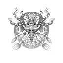 A dotwork scorpion surrounded by Aztec symbols and a taxi driver's hat on top tattoo design idea