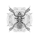 A dotwork scorpion surrounded by Aztec symbols and a taxi driver's hat on top tattoo design idea