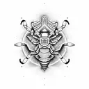 A dotwork scorpion surrounded by Aztec symbols and a taxi driver's hat on top tattoo design idea