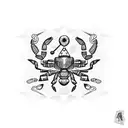 A dotwork scorpion surrounded by Aztec symbols and a taxi driver's hat on top tattoo design idea