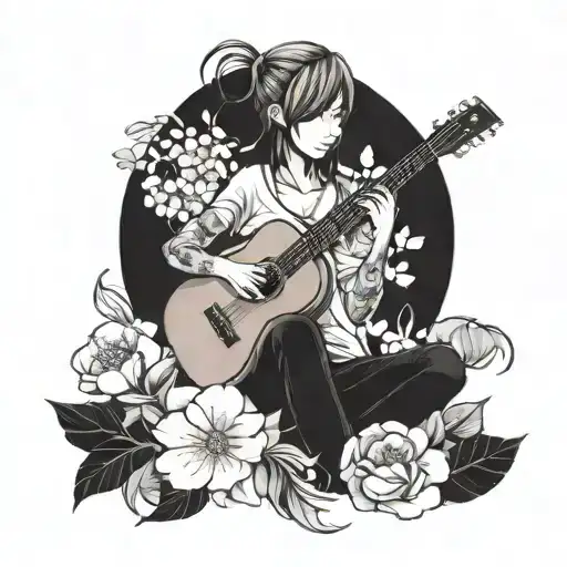 A tattoo of a stylized anime character playing a guitar surrounded by blooming flowers and a peaceful nature scene tattoo design idea