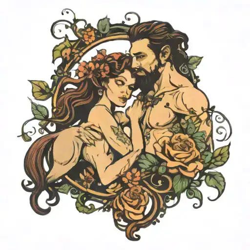 Centaurs woman and man with flowers and vines tattoo design idea