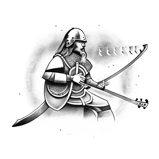 Viking warrior playing a peaceful melody on a guitar tattoo design idea