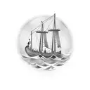 A Viking ship sailing through a tranquil sea of musical notes tattoo design idea