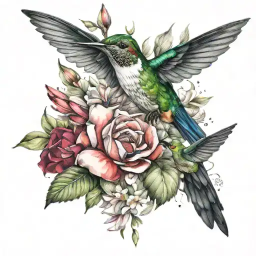 Watercolor flower bouquet hummingbird perched tattoo design idea