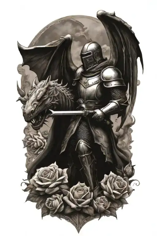 medieval knight, slaying dragon surrounded with roses tattoo design idea
