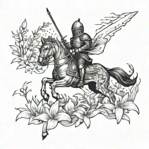 A knight in shining armor riding a rocket ship through a field of lilies tattoo design idea