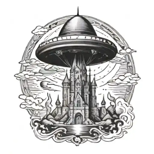 An intricate design of a UFO abducting a medieval castle surrounded by paranormal energy tattoo design idea