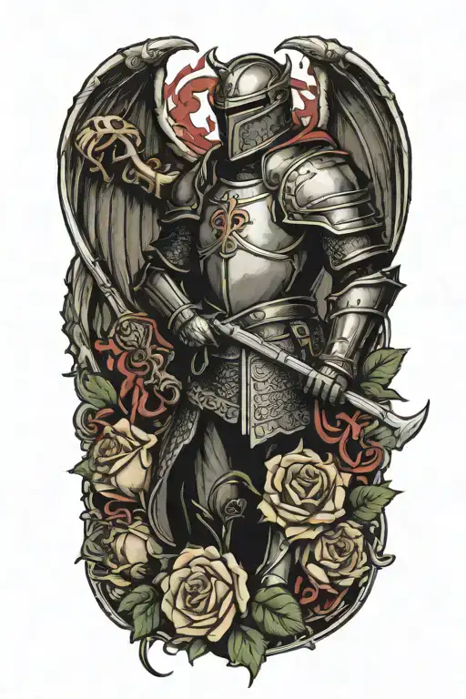medieval knight, slaying dragon surrounded with roses tattoo design idea