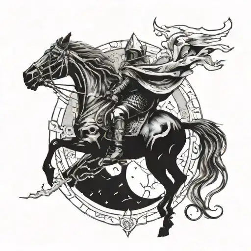 A ghostly medieval knight riding a space-themed horse through a mysterious portal tattoo design idea