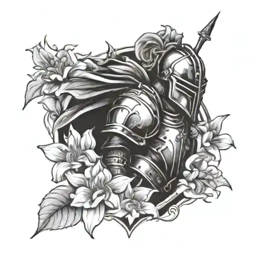 A tattoo design of a powerful figure wearing medieval knight armor surrounded by lily flowers, symbolizing strength and beauty tattoo design idea