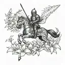 A knight in shining armor riding a rocket ship through a field of lilies tattoo design idea