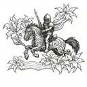 A knight in shining armor riding a rocket ship through a field of lilies tattoo design idea