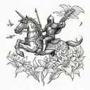A knight in shining armor riding a rocket ship through a field of lilies tattoo design idea