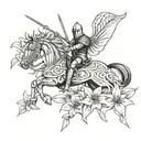 A knight in shining armor riding a rocket ship through a field of lilies tattoo design idea