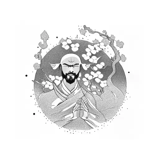 A portrait of Lee Sin meditating under a cherry blossom tree tattoo design idea