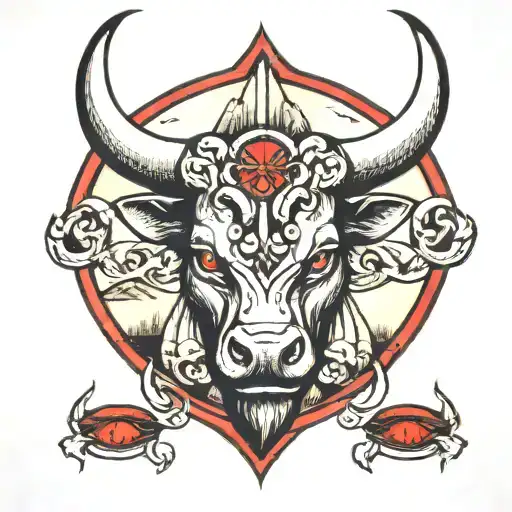 taurus zodiac sign top left chest piece with red eyes and mountains  no roses  tattoo design idea