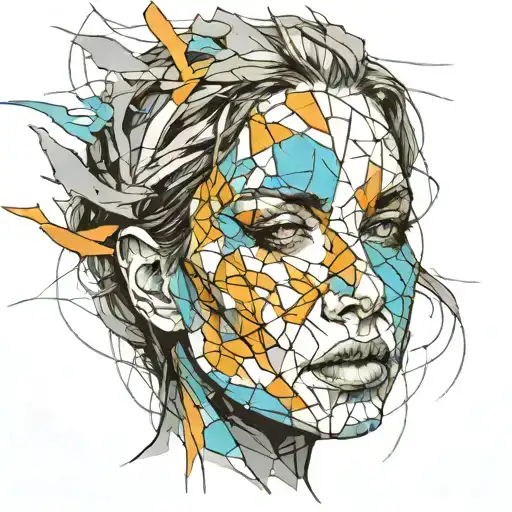 portrait of a woman cracked porcelain face, futuristic look, close-up, long hair, fragile, emotional, color tattoo design idea