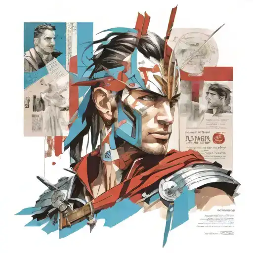 print collage of a fantasy  male warrior, style of josef kote, grunge beauty, cyan, red and blue, newspaper  tattoo design idea