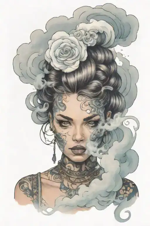 portrait of a woman covered in cloud of smoke, whirlwind,  hints of pastel, misty tattoo design idea