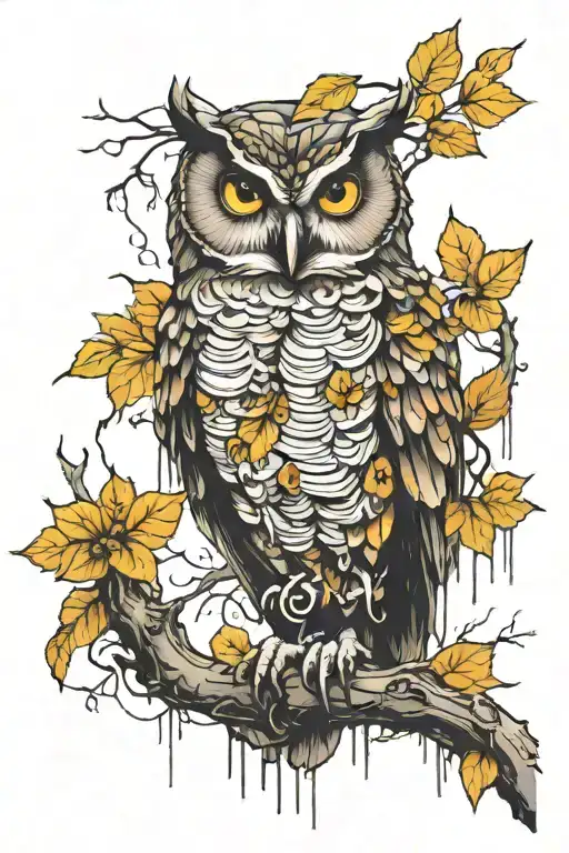 perched owl on branch, dripping water paint stylize symbols hidden, keys, bolts, vines branches collage, newspaper tattoo design idea