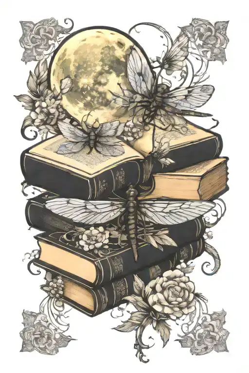 An book entwined with blooming flowers and dragonflies under a full moon tattoo design idea