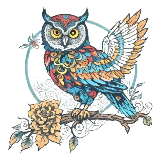 when steampunk meets mandala design incorporating elements of an owl perched on a branch, vibrant colors tattoo design idea