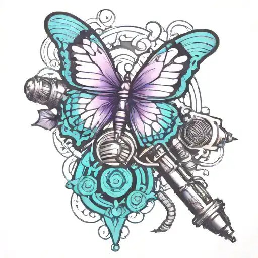 purple and turquoise butterfly incorporating a microphone and an airplane  tattoo design idea