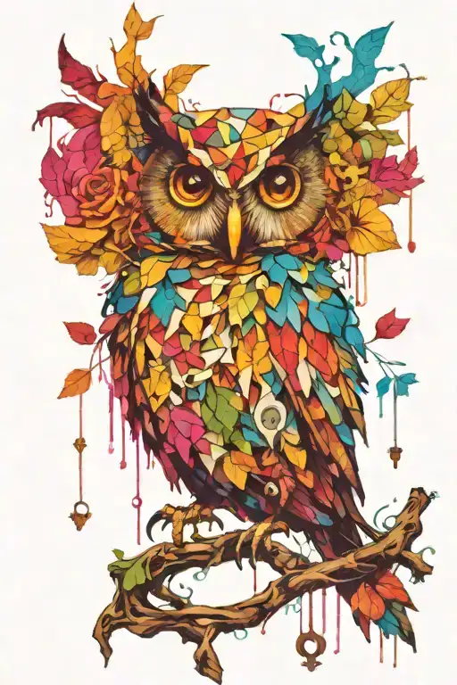 perched owl on branch, dripping water paint stylize symbols hidden, keys, bolts, vines branches collage, newspaper tattoo design idea