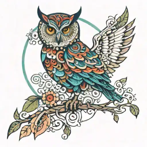 when steampunk meets mandala design incorporating elements of an owl perched on a branch, vibrant colors tattoo design idea