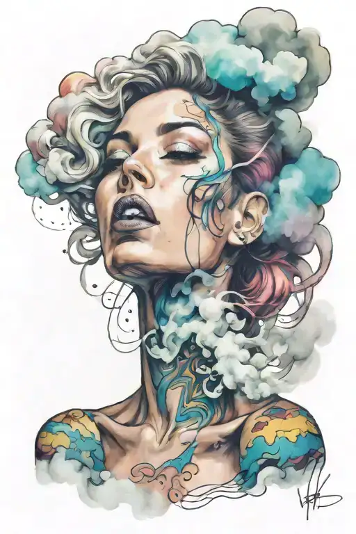 portrait of a woman covered in cloud of smoke, whirlwind,  hints of pastel, misty,  tattoo design idea