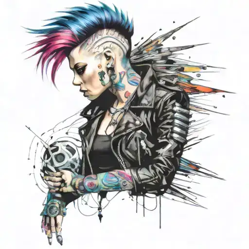 Punk girl clad in leather jacket adorned with metal studs, mohawk hairstyle streaked with vibrant colors, inked tattoo design idea