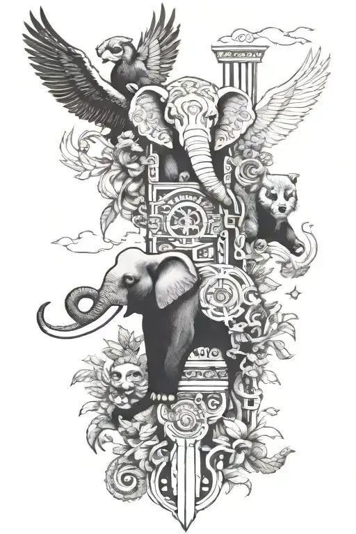 totem pole with each section being a different annal. with elephant, owl, red panda, whale, panther tattoo design idea
