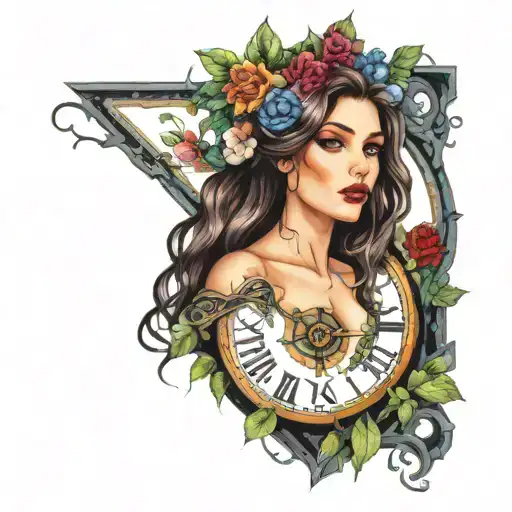 portrait of a beautiful woman covered in vines and flowers, clocks, bolts,   bold colors, steampunk, cyberpunk. tattoo design idea