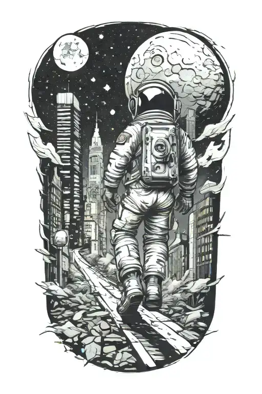 Astronaut walking down road through abandoned metropolis crumbling skyscrapers under a starry sky with crumbling moon, tattoo design idea
