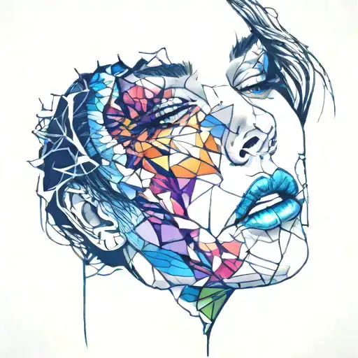 portrait of a woman cracked porcelain face, futuristic look, close-up, long hair, fragile, emotional, shatter, color tattoo design idea