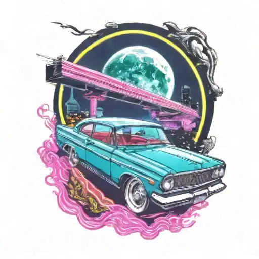 A retro car driving through a tunnel of glowing neon lights, with a full moon shining overhead tattoo design idea