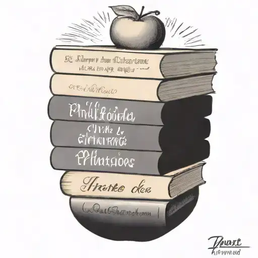 A teacher's desk with a stack of books and an apple, surrounded by motivational quotes like Phillippians 4:6 tattoo design idea