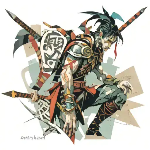 print collage of a fantasy  male warrior, style of josef kote, grunge beauty,  newspaper srips, vibrant  tattoo design idea