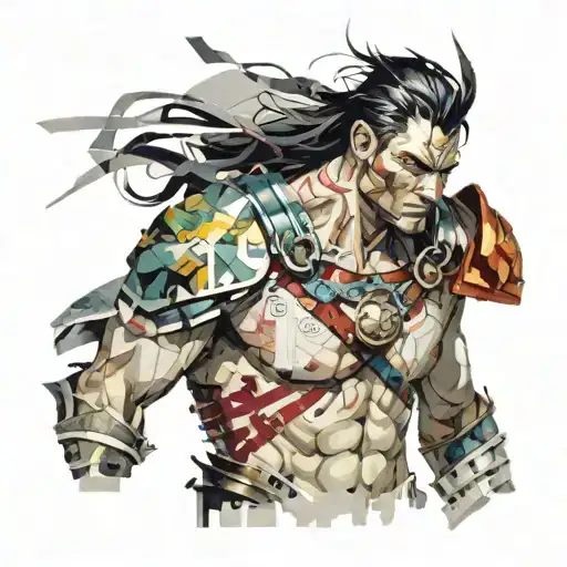 print collage of a fantasy  male warrior, style of josef kote, grunge beauty,  newspaper srips, vibrant  tattoo design idea