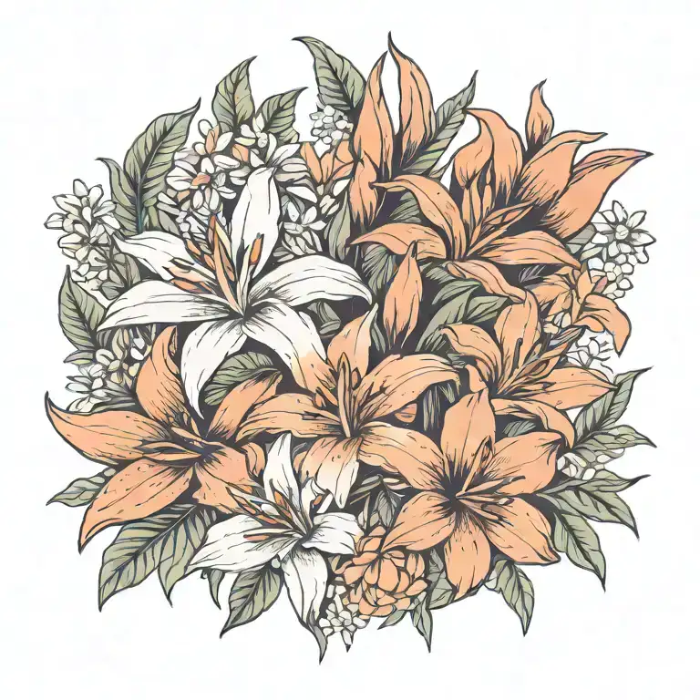 floral bouquet with a strelitzia, a daffadils, leaves and daisies tattoo design idea